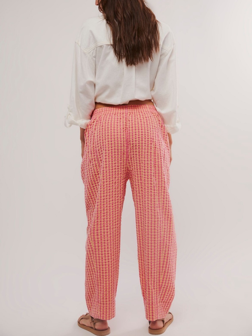 Free People Preppy Gingham Wide-Leg Pants Pink Combo - Picture 2 of 6